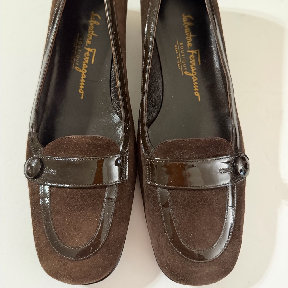 NEW Salvatore Ferragamo Brown Suede and Patent Low Heel Pumps 6.5